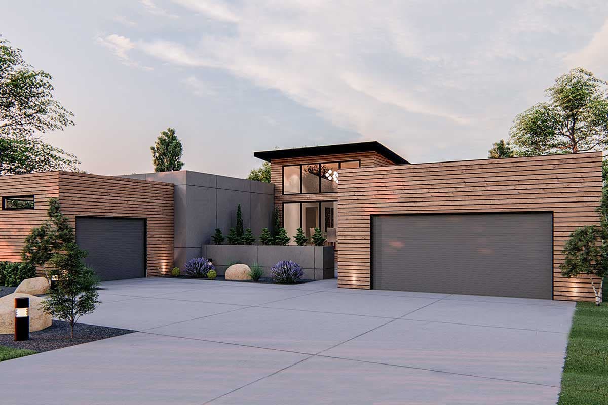 Modern house plan exterior with horizontal wood siding, flat roof, two garage doors, and large windows.