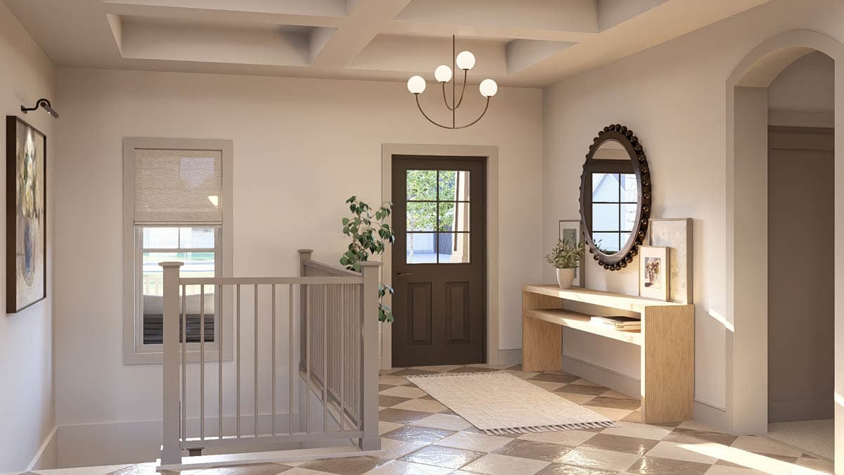 Interior view of hallway with coffered ceiling, paneled door, console table, and staircase railing.