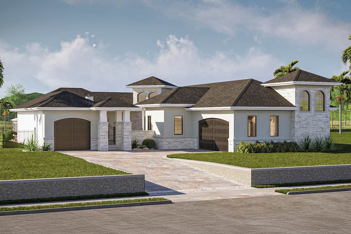 House plan exterior: Modern single-story with two garages, stone accents, arched windows, and multiple gables.