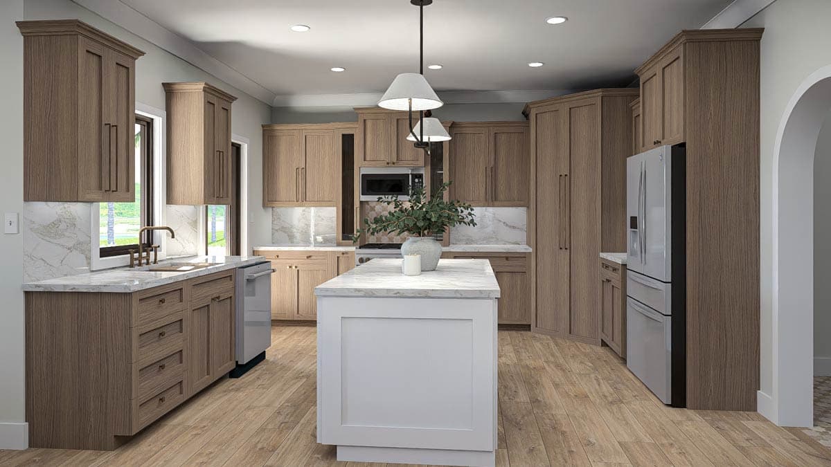 Modern kitchen rendering with light wood cabinets, a white center island, marble countertops, stainless steel appliances, and wood plank flooring.