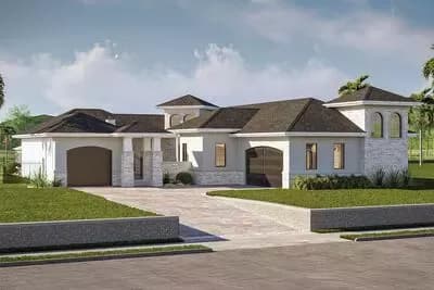 2-Bed Mediterranean House Plan with Front Courtyard and Outdoor Fireplace - 1709 Sq Ft