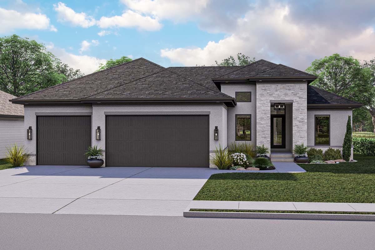 House plan exterior. Modern style with a two-car garage, stone facade around the entry, and a low-pitched roofline.