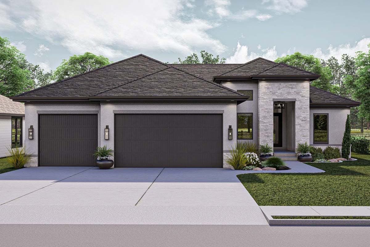 Modern house plan exterior with a three-car garage, stone-accented entrance, and dark-toned roof.