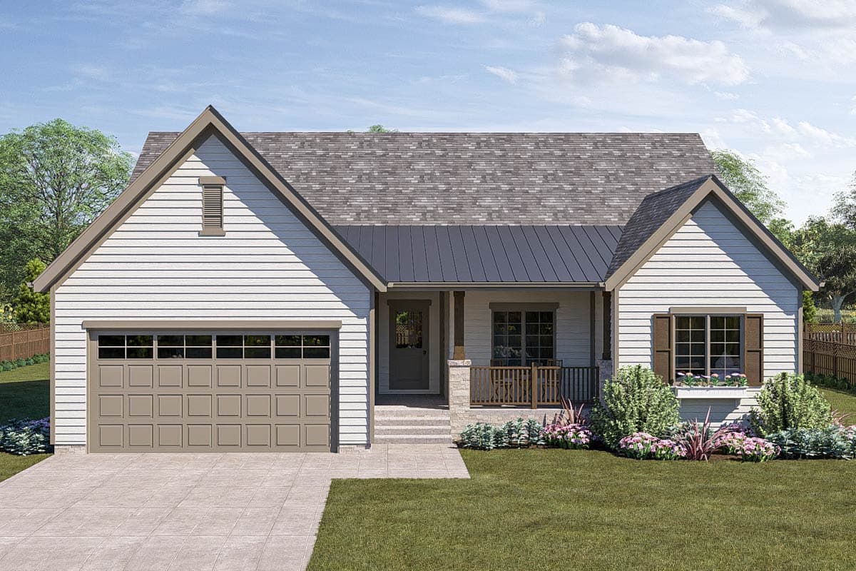 Modern Farmhouse house plan exterior with one-story, gabled rooflines, metal porch roof, and attached garage.