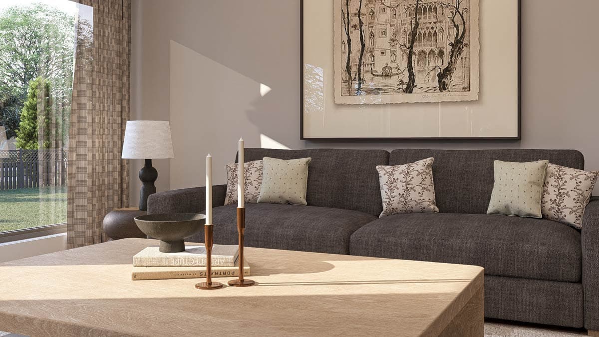 Interior rendering of a living room with a sofa, coffee table, lamp, large window, and framed art.