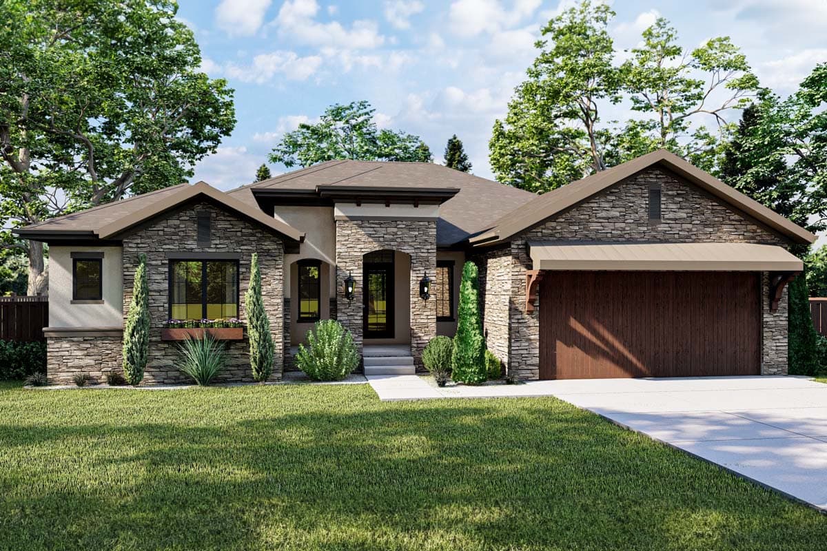 House plan exterior. Single-story with stone facade, arched entry, and detached garage with wood door and gable. Includes a covered porch.