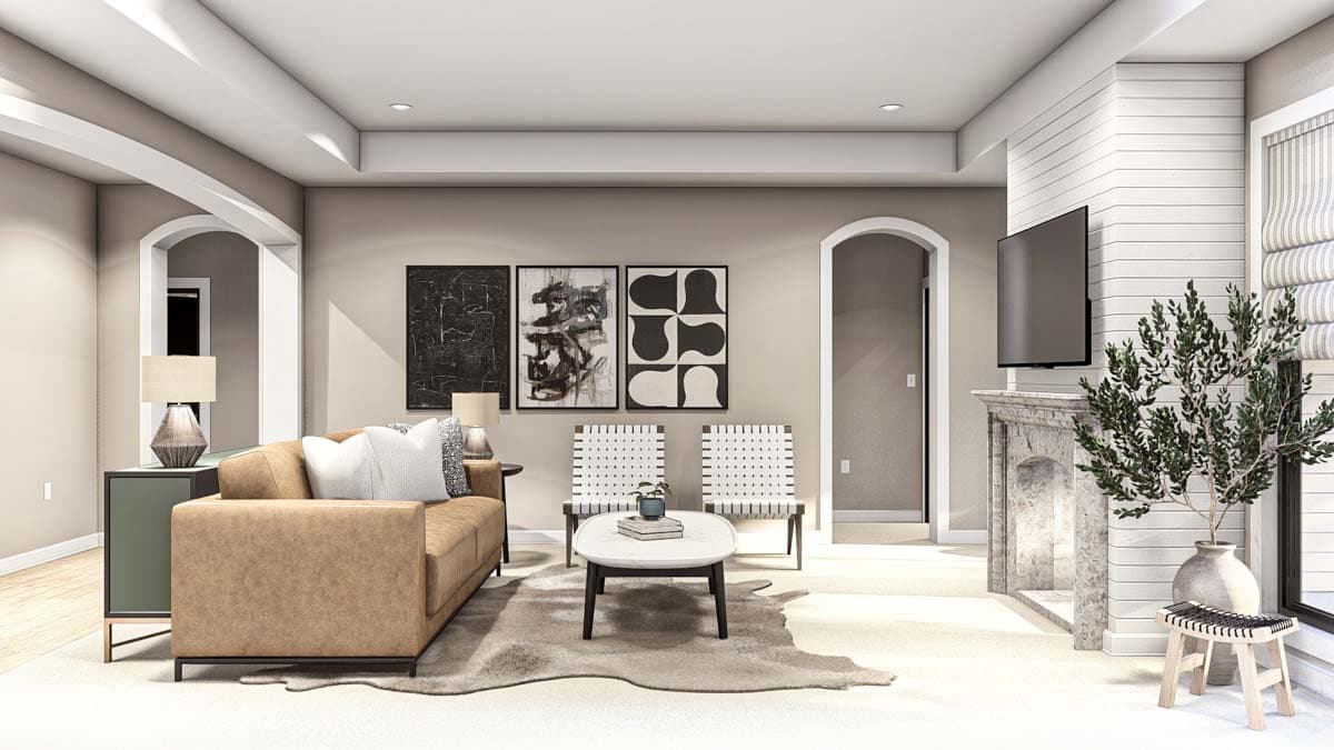 Living room rendering with tan sofa, fireplace, shiplap accent wall, and arched doorways.