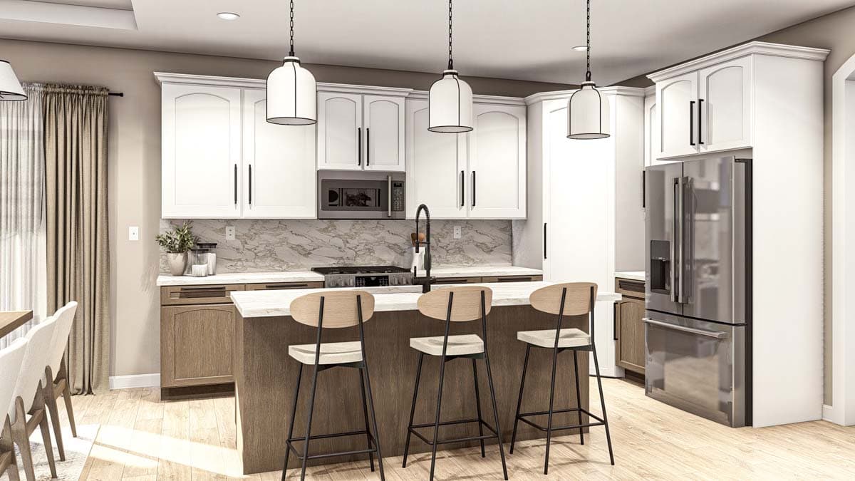 Kitchen rendering with island, white cabinetry, stainless steel appliances, and pendant lighting.