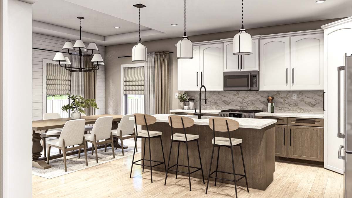 Kitchen and dining area rendering with island seating, pendant lights, shaker cabinets, and a farmhouse dining table.