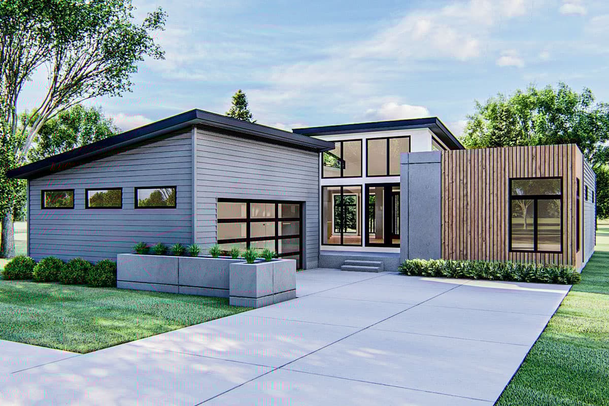 House plan exterior with modern design. Features include a two-car garage, large windows, and a combination of horizontal and vertical siding.