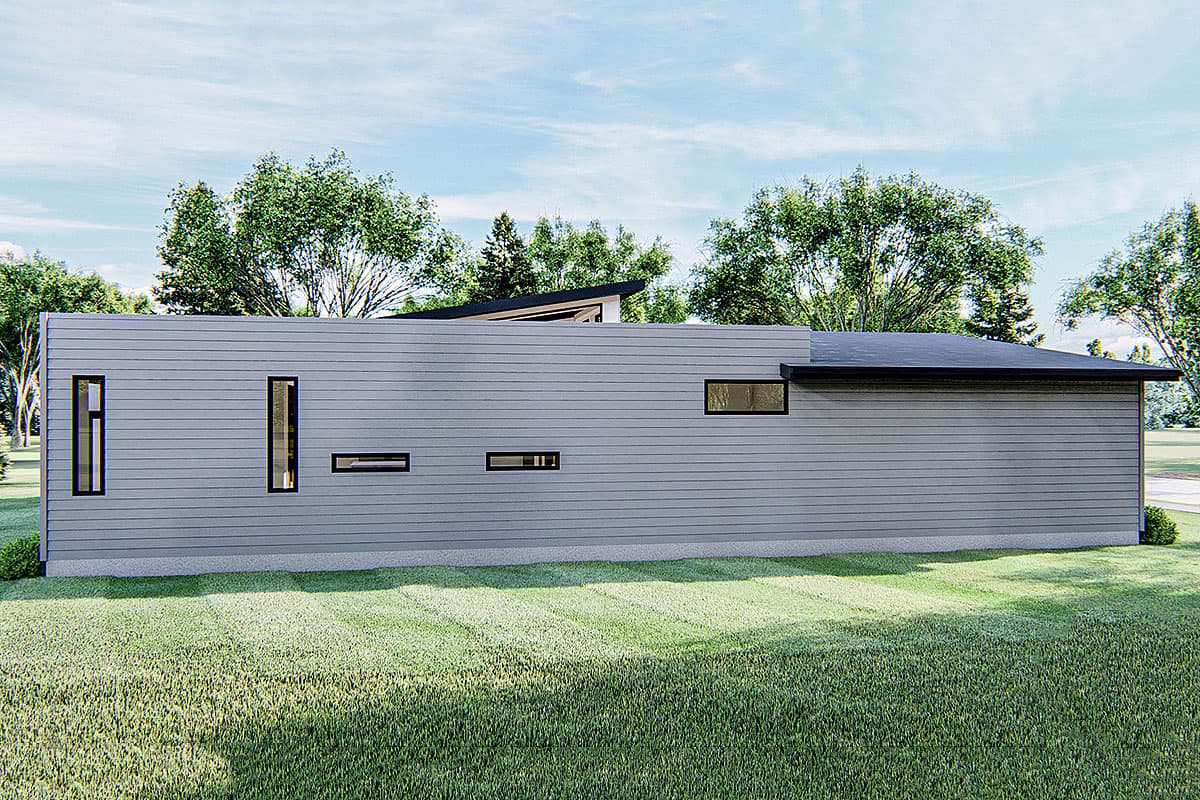 House plan exterior: Modern design with horizontal siding, a low-pitched roof, and varied rectangular windows.
