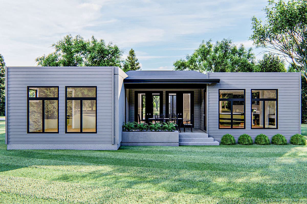 Modern single-story house plan exterior with horizontal siding, large black-framed windows, and a covered porch with double doors.