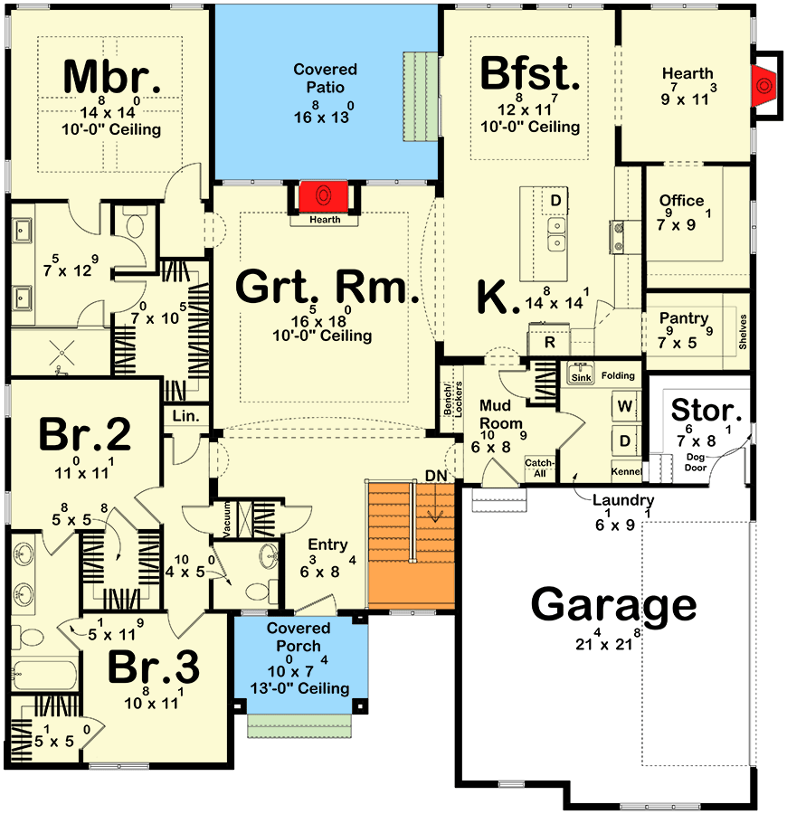 Plan 62536DJ: 4-Bed Traditional European House Plan with Hearth Room - 2193 Sq Ft - Floor Plan - Main Level - European, Traditional