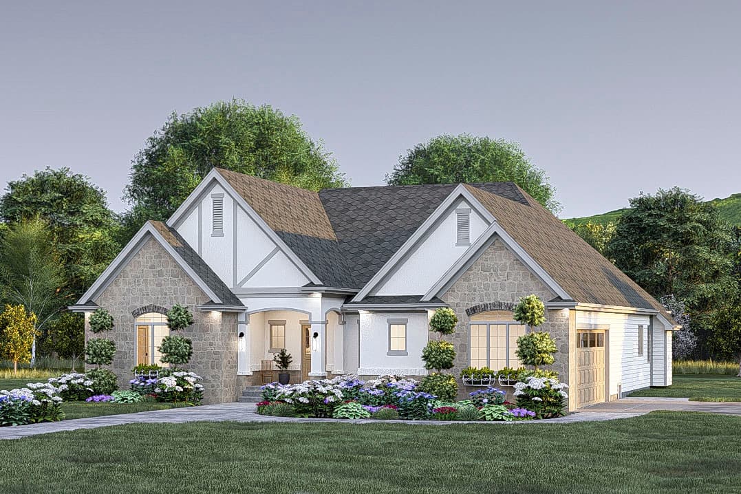 House plan exterior: One-story Modern Farmhouse with stone accents, prominent gables, arched entryway, and side-facing garage.
