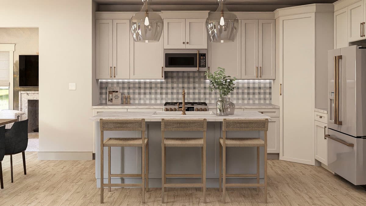 Modern kitchen with island, pendant lights, microwave, and plaid backsplash. Refrigerator and dining area visible.