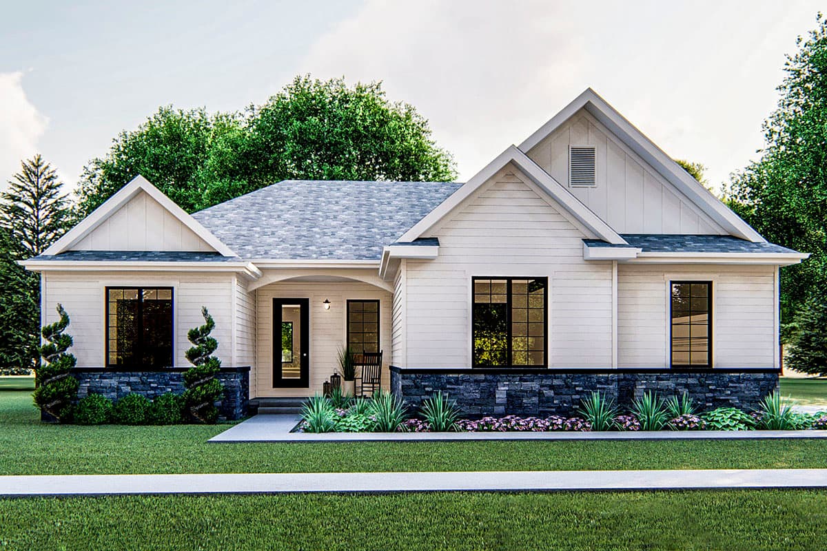 House plan exterior of a one-story Modern Farmhouse with gables, stone accents, covered porch, and board-and-batten siding.