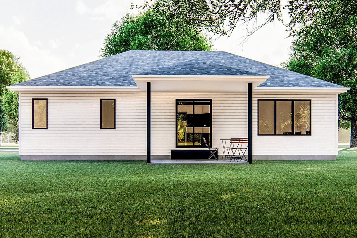 Ranch house plan exterior with white siding, a low-slope roof, and a covered entry with black columns.