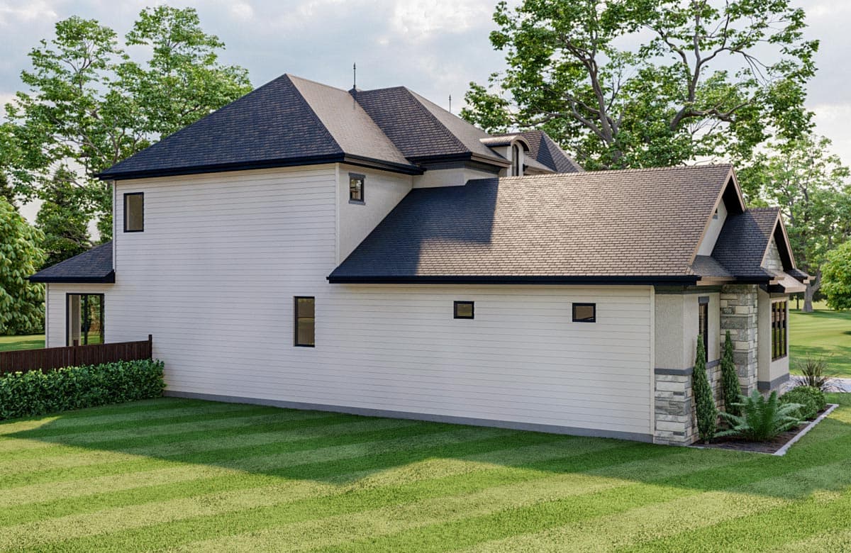 House plan exterior view of a two-story modern house with white siding, gabled roof, dormers, and stone accents.