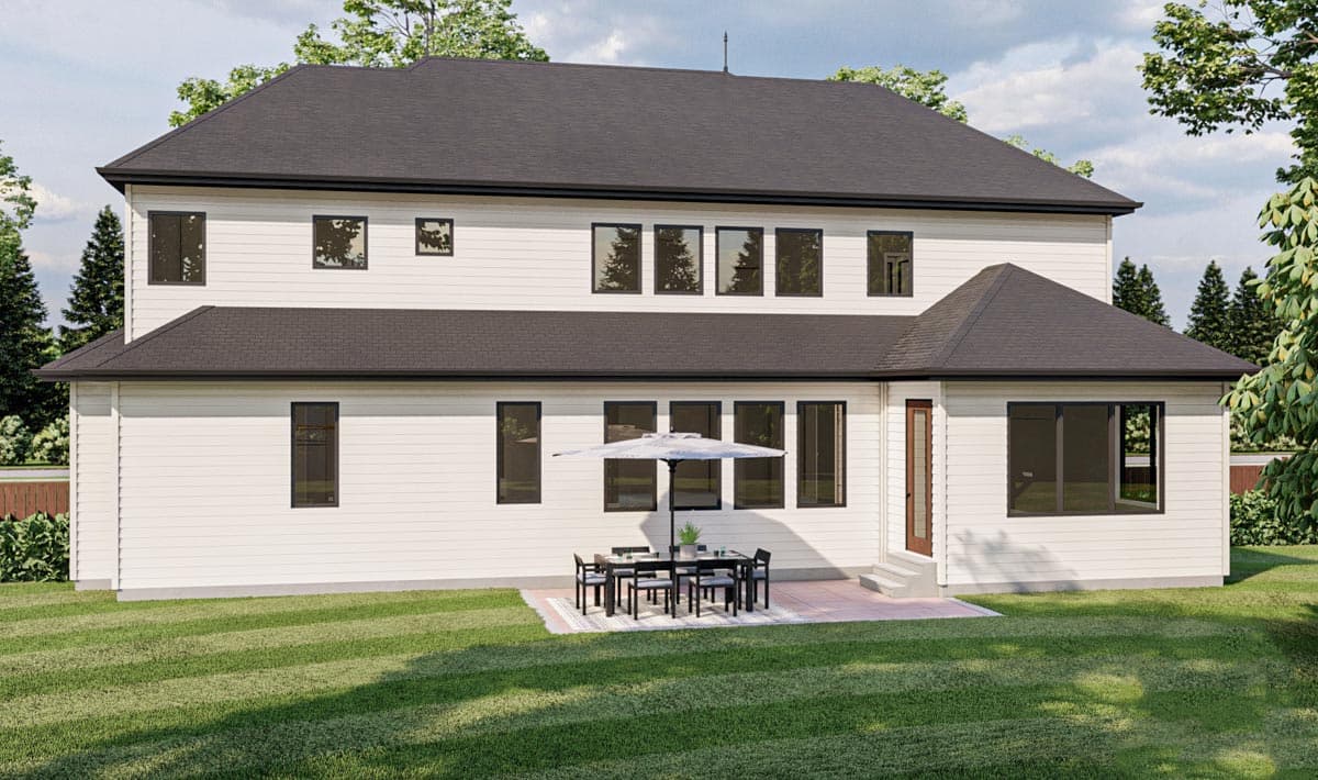 House plan exterior rendering of a two-story home with white siding, dark windows, gabled roof, and rear patio with table and umbrella.