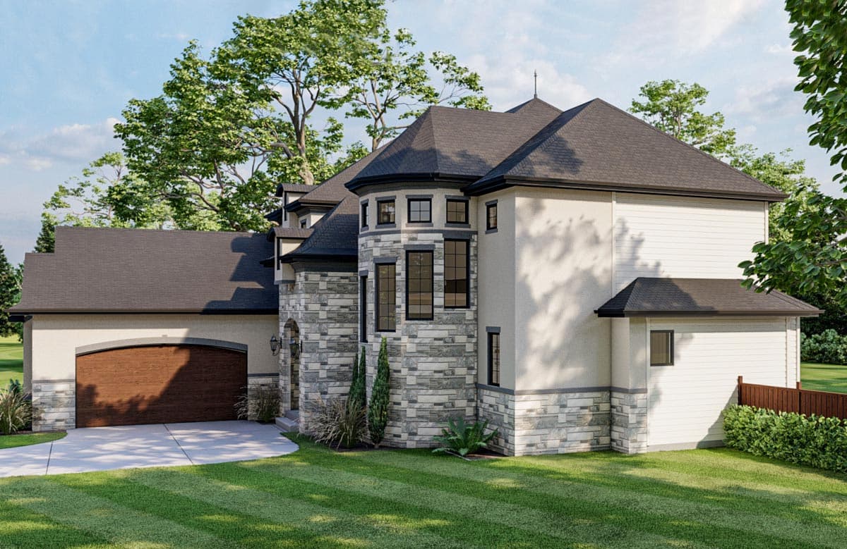 House plan exterior view of a two-story home with stone facade, multi-gabled roof, and attached garage.