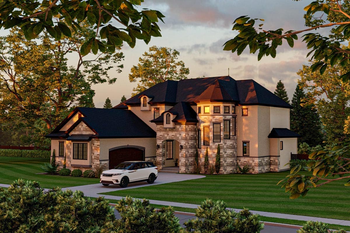 House plan exterior: multi-story dwelling with stone accents, arched entry, and attached garage.
