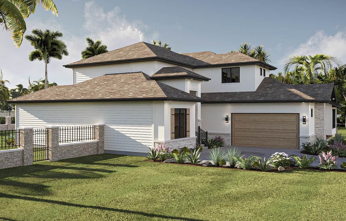 House plan exterior with horizontal siding, stone accents, gable rooflines, attached two-car garage, and stone/metal fence.