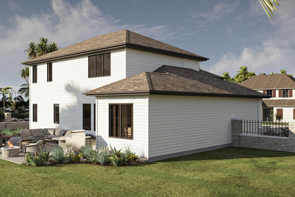 Modern two-story house plan exterior with white horizontal siding, multiple gables, and a large patio with outdoor seating.