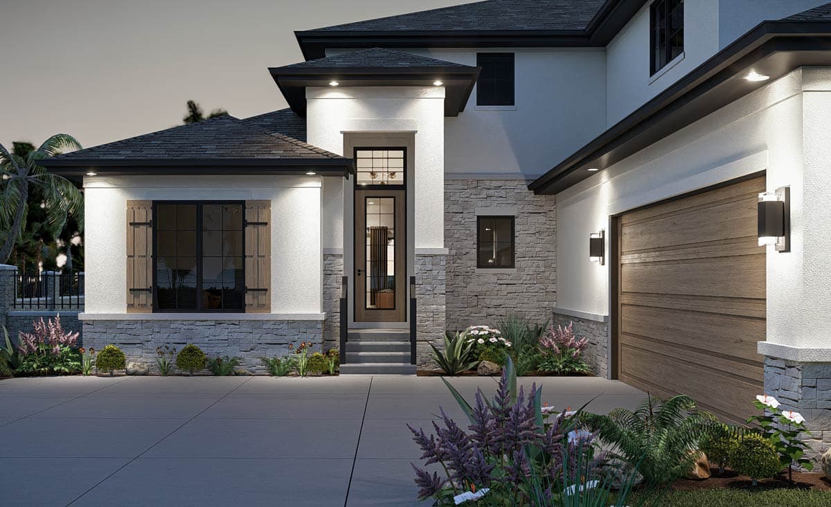 House plan exterior: Two-story Modern style with stone accents, covered entry, and a side-facing garage.