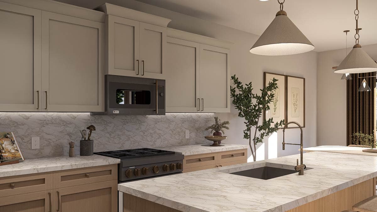 Kitchen rendering with two-tone cabinetry, marble countertops, gas range, and island with sink.