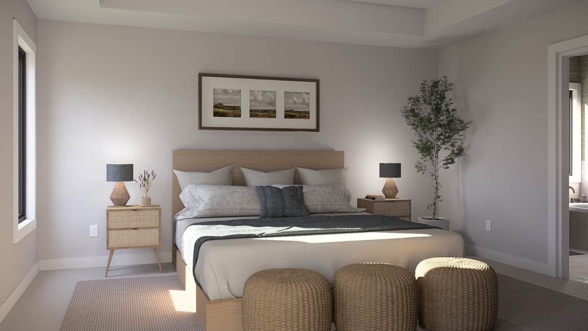Primary bedroom interior rendering with king bed, wood headboard, two nightstands, and tray ceiling. View shows open doorway to bath.