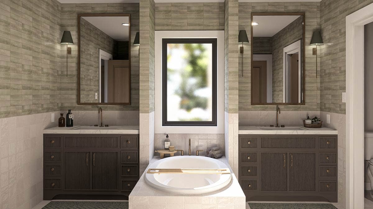 Bathroom rendering with two vanities flanking a central soaking tub under a window, featuring tiled walls and dark wood cabinetry.