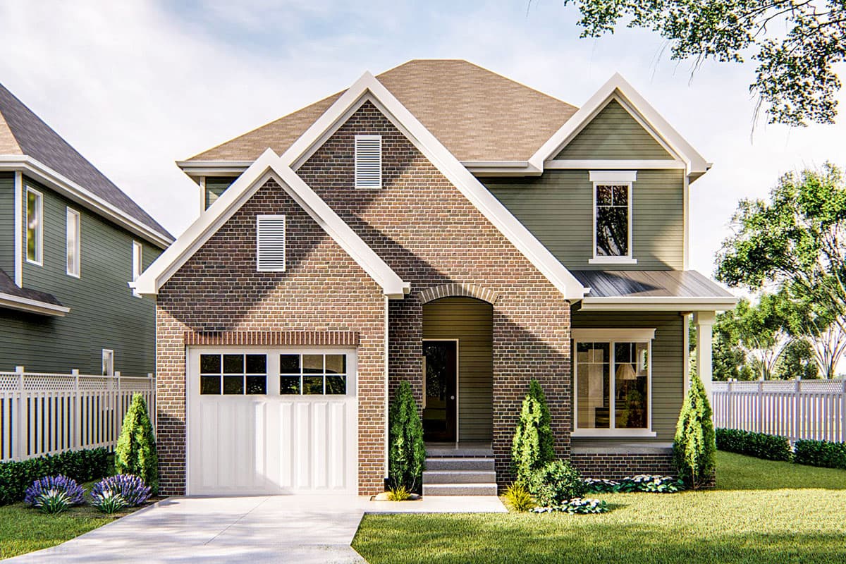 House plan exterior: Two-story home with brick and siding, prominent gables, and a front-facing garage.