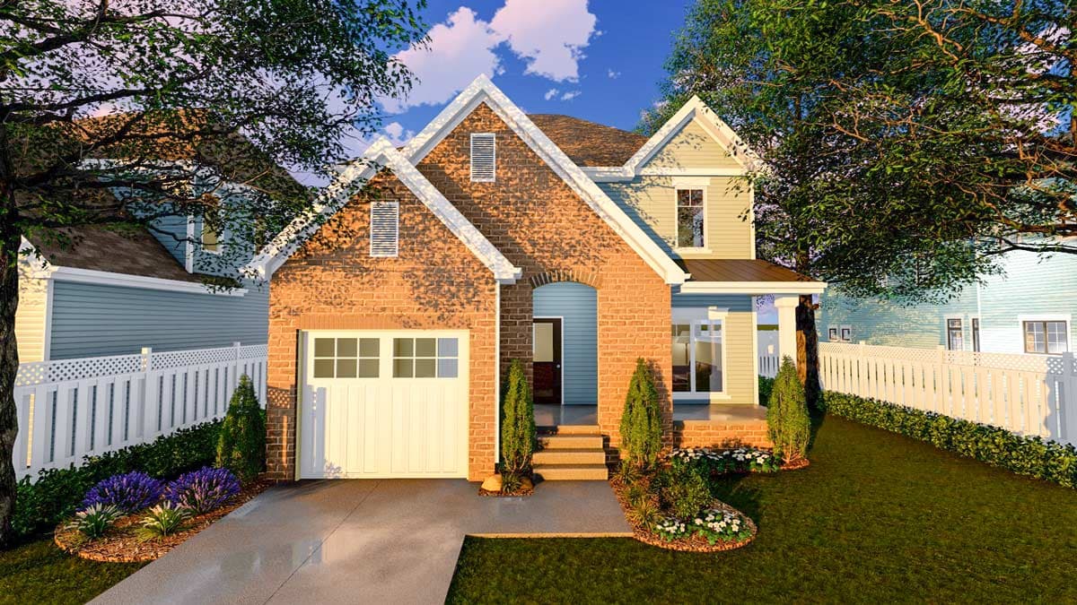 House plan exterior with brick facade, two stories, gables, dormers, covered entry, and attached garage.