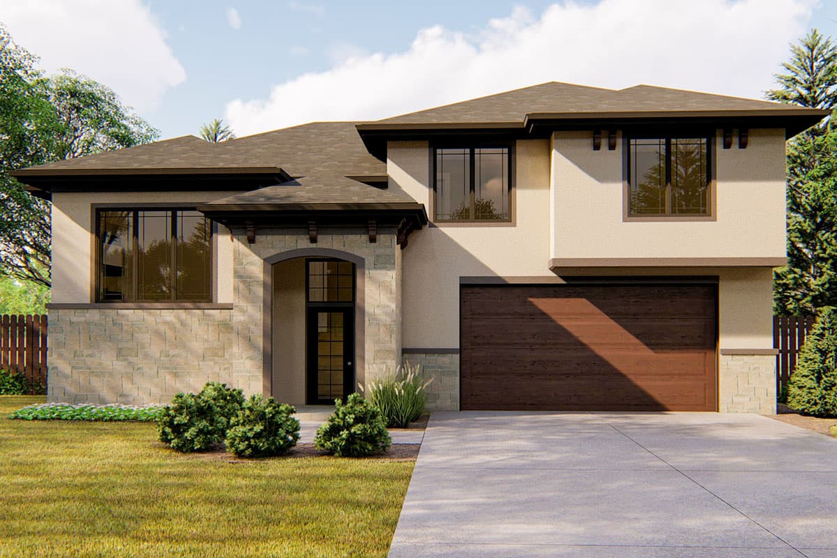 House plan exterior: Modern style with stone accents, arched entry, gabled rooflines, large windows, and a two-car garage.