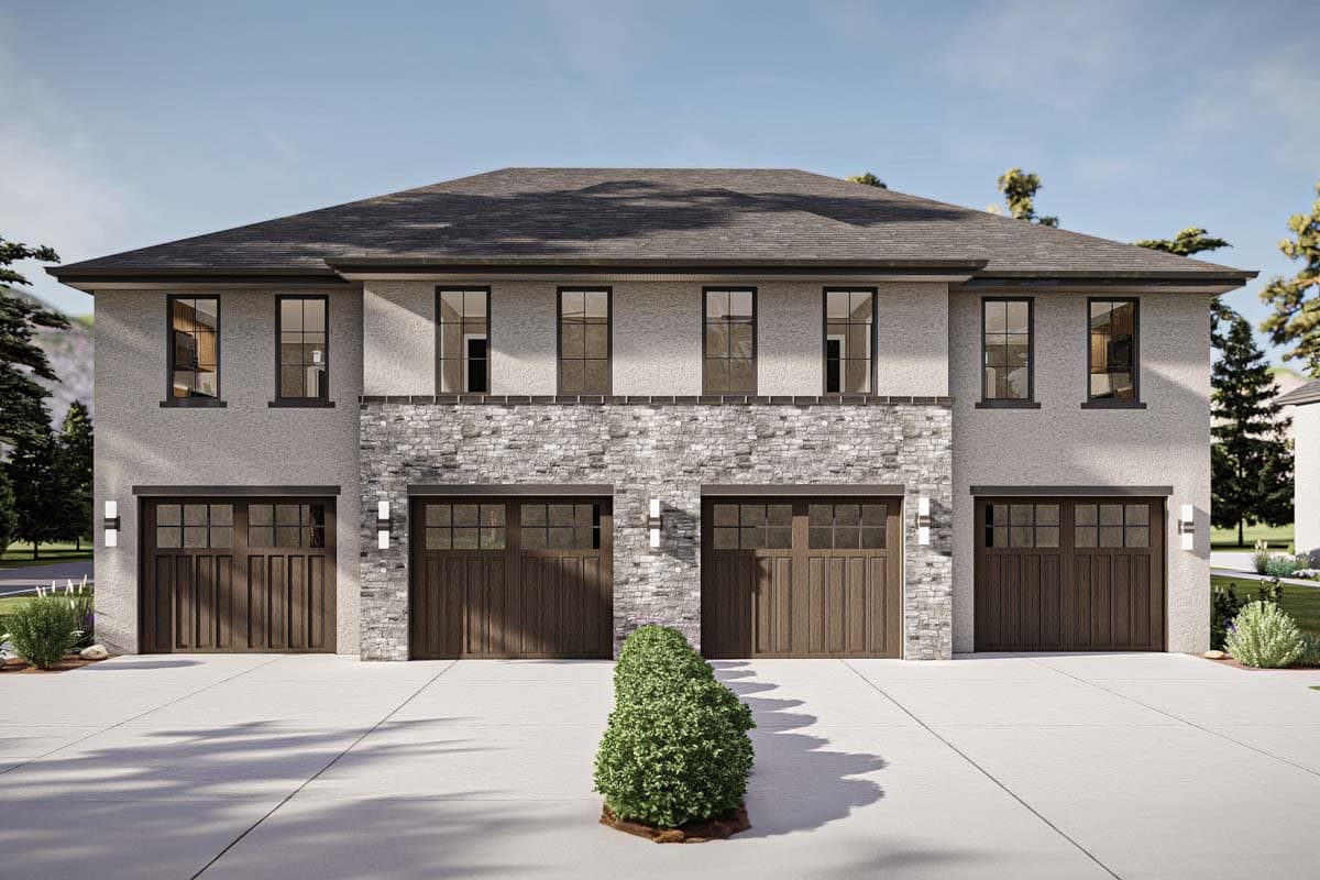 Two-story house plan exterior with stone accent facade, four wood garage doors, and multiple upper-story windows.
