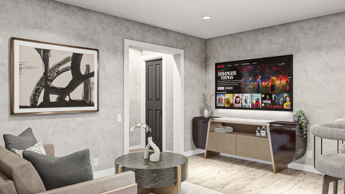 Living room interior with textured walls, artwork, sofa, coffee table, media console, and TV displaying Netflix.