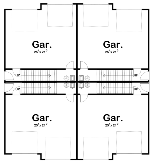 Plan 62543DJ: Mediterranean Quadplex House Plan with 1 Bed - 708 Sq Ft Units - Floor Plan - Lower Level - Mediterranean