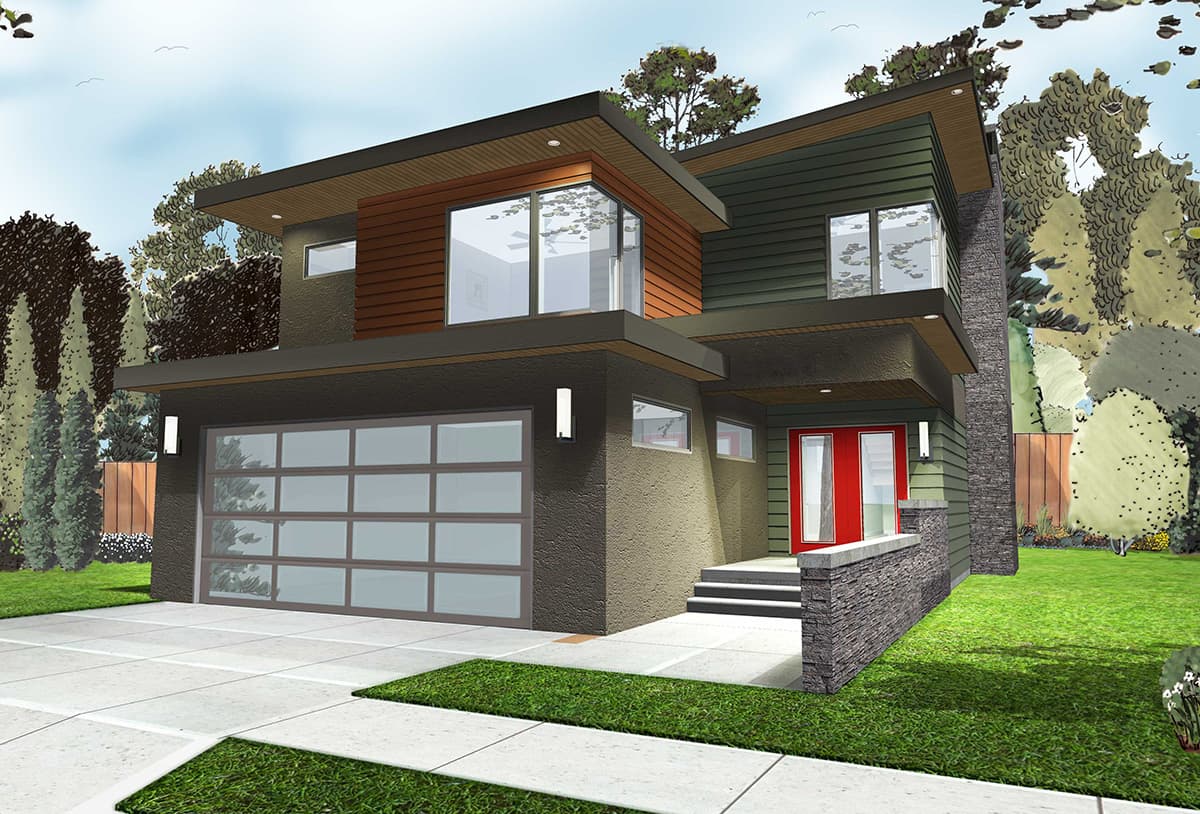 Modern house plan exterior, two stories, featuring a glass garage door, stone chimney, and double red entry doors.