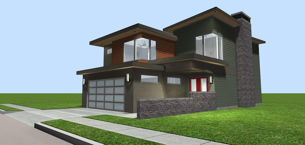 Modern two-story house plan exterior with attached garage, stone chimney, cantilevered rooflines, and wood and stucco siding.