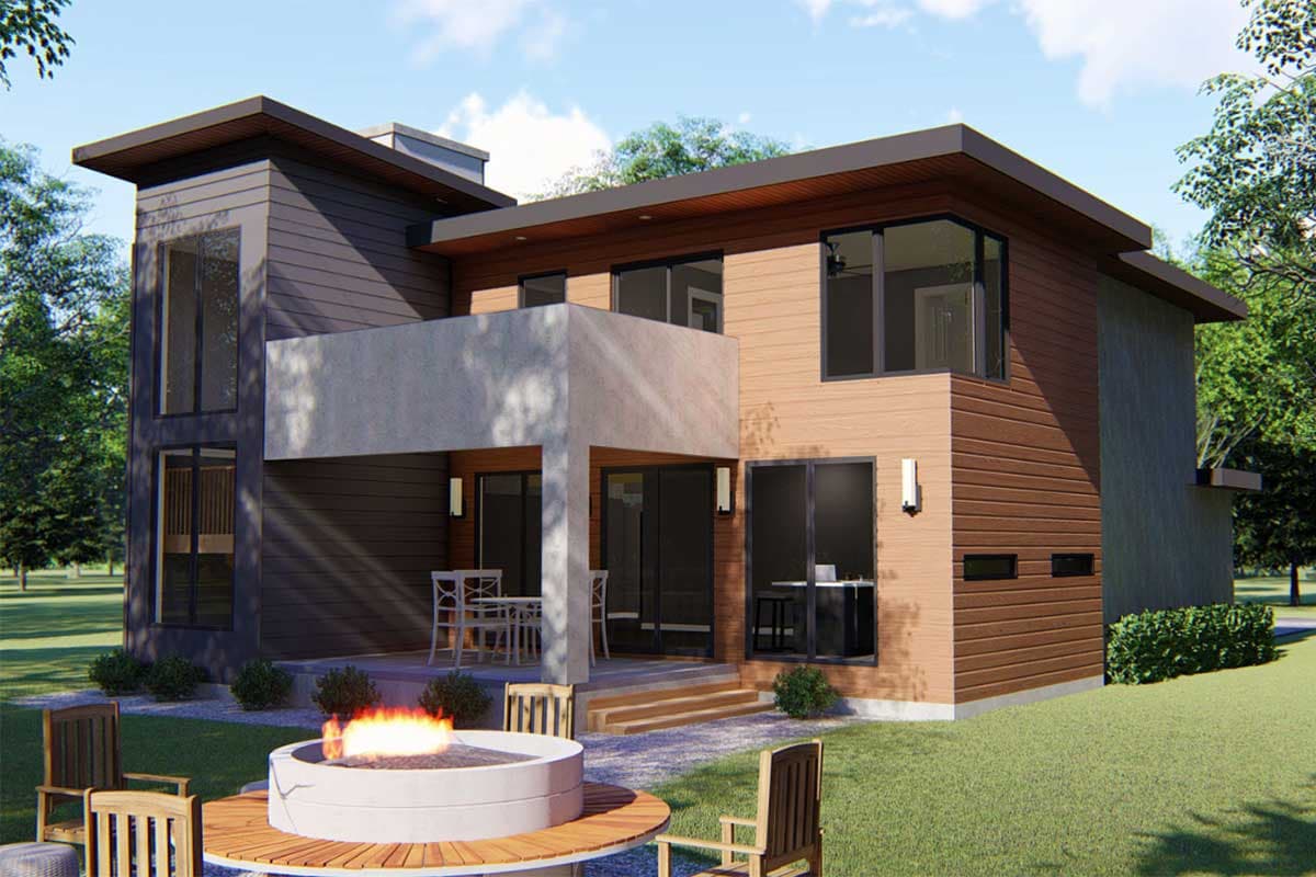 Modern house plan exterior with two stories, horizontal siding, cantilevered balcony, and large windows.