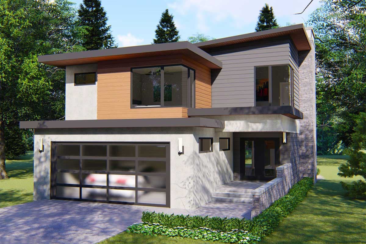 Modern house plan exterior with two stories, flat roof, and a glass-paneled garage door. Features include wood siding and a stone chimney.