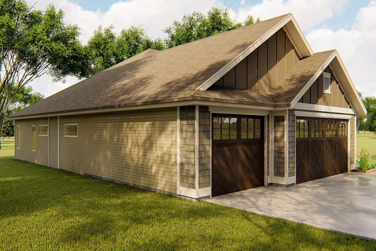 House plan exterior: Two-car garage with mixed siding, wood doors, and gabled rooflines.