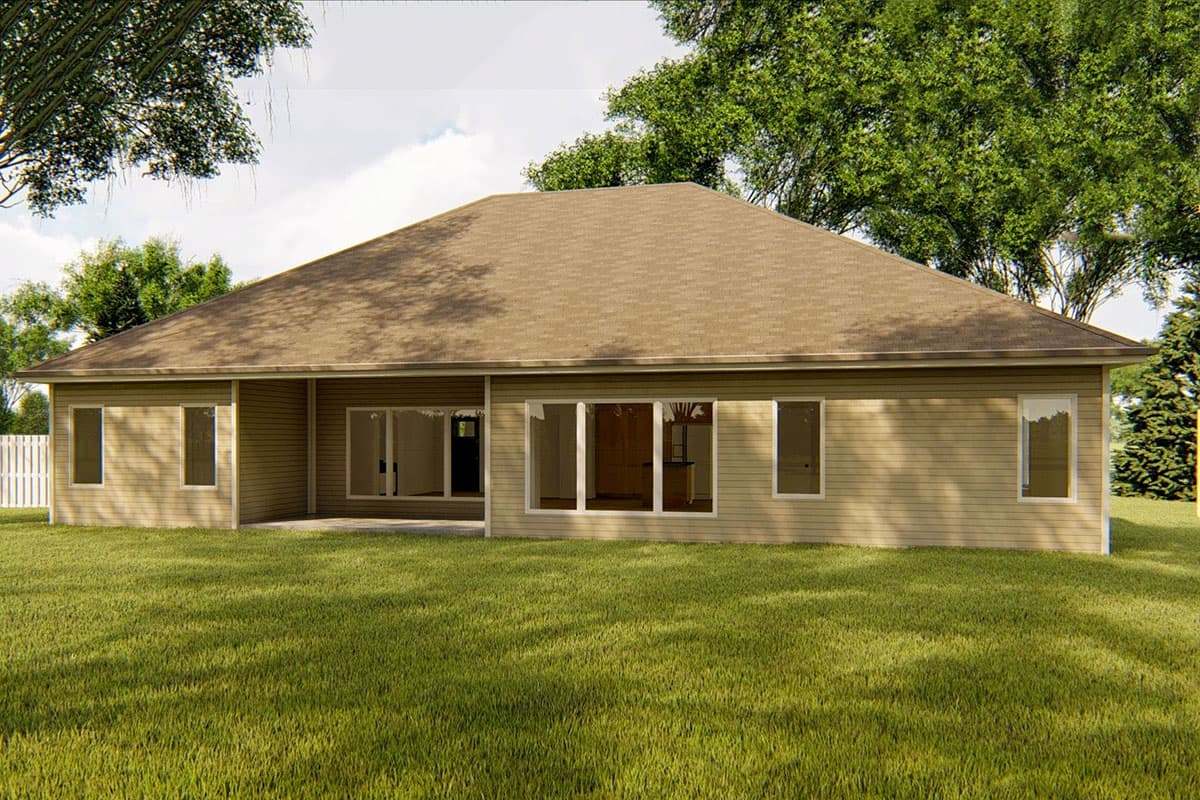Ranch-style house plan exterior with a prominent hip roof, horizontal siding, and multiple large windows.