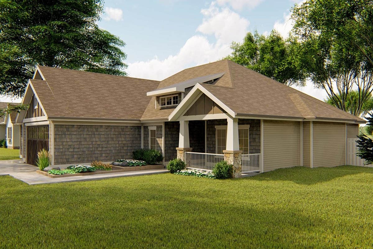 House plan exterior: Ranch style with shingle siding, covered front porch with stone pillars, gable dormer, and attached garage.