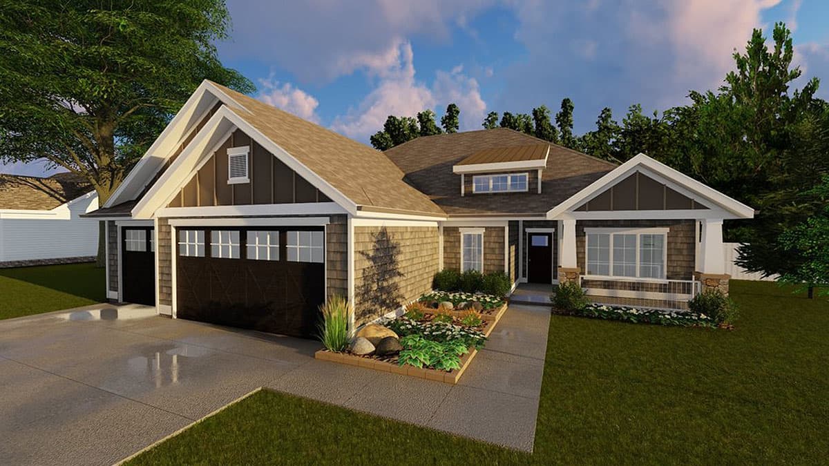House plan exterior: Craftsman style, one-story with a two-car garage, prominent gables, covered front porch, and shingle siding.