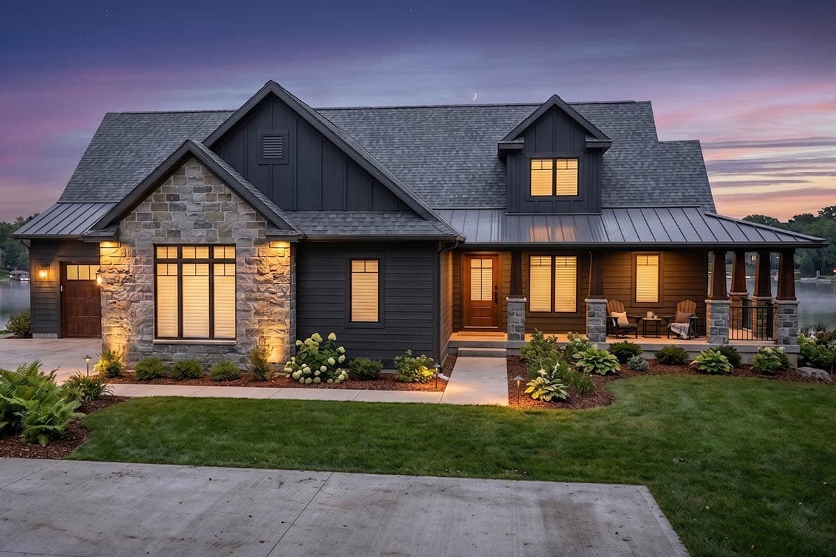 House plan exterior. Modern Farmhouse style with two stories, gabled roof, stone accent wall, dormer, and front porch with columns.