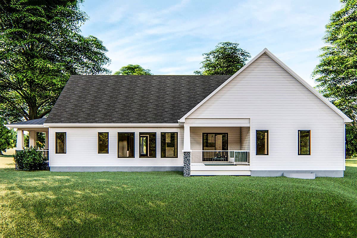 House plan exterior: Modern Ranch style, single-story, featuring a covered porch, multiple gables, and a long row of horizontal windows.