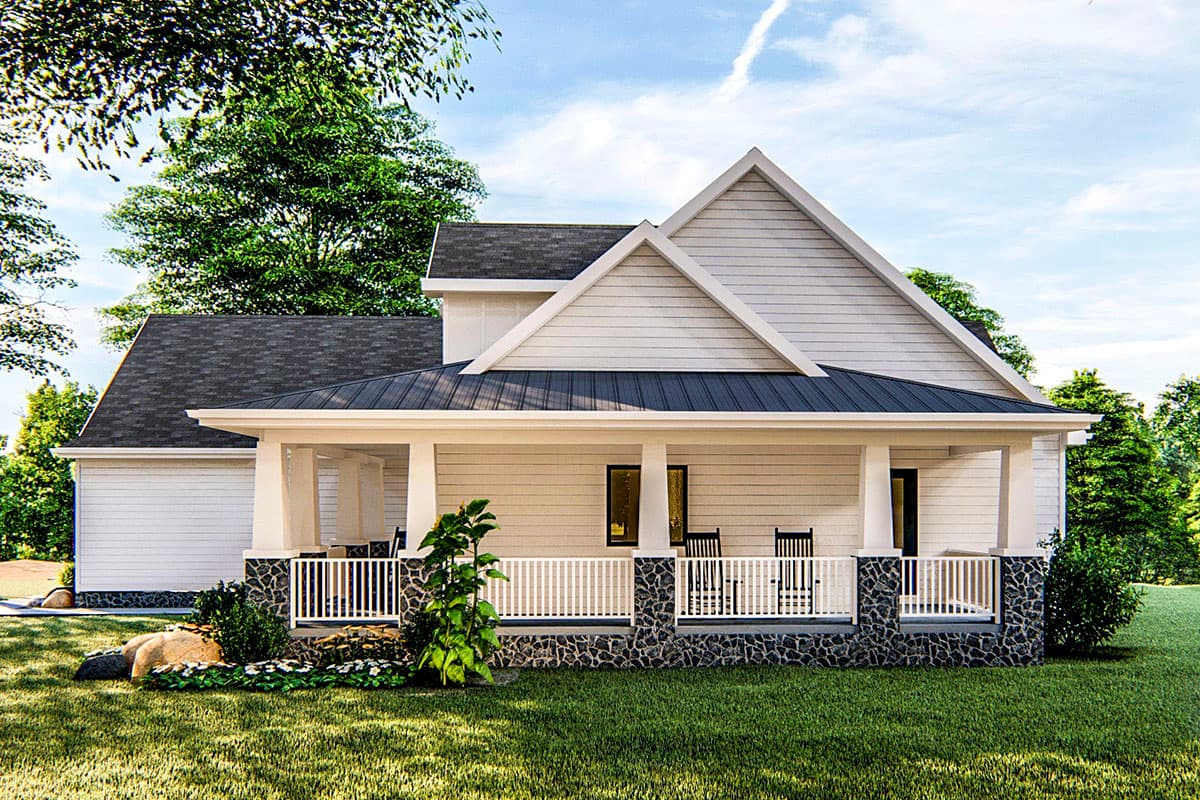 House plan exterior: Modern Farmhouse style, one story, with wrap-around porch, stone base, and prominent gables.