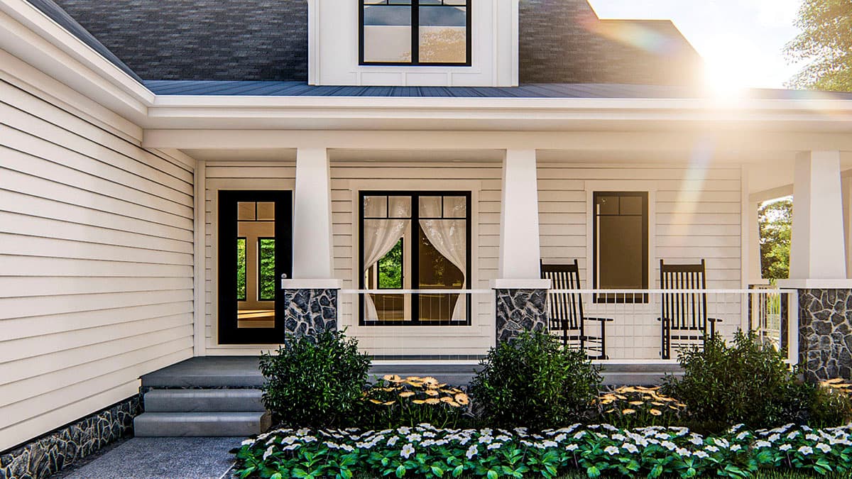 House plan exterior with a covered front porch, two front doors, stone-accented columns, and multiple windows.