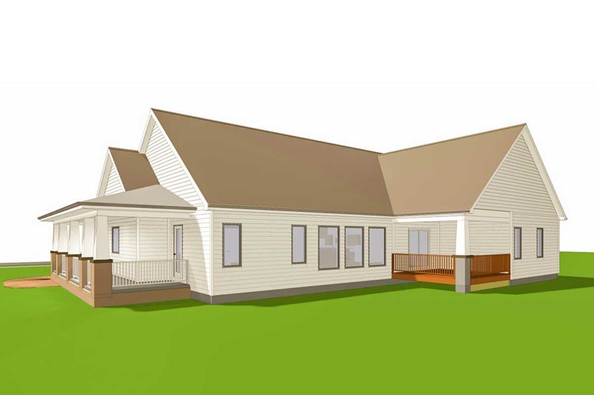 House plan exterior with wraparound porch, multiple gables, and a rear deck.